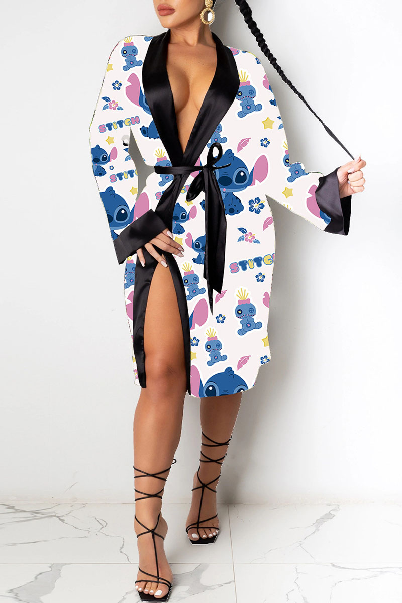 

Blue White Fashion Sexy Print Split Joint With Belt Sleepwear