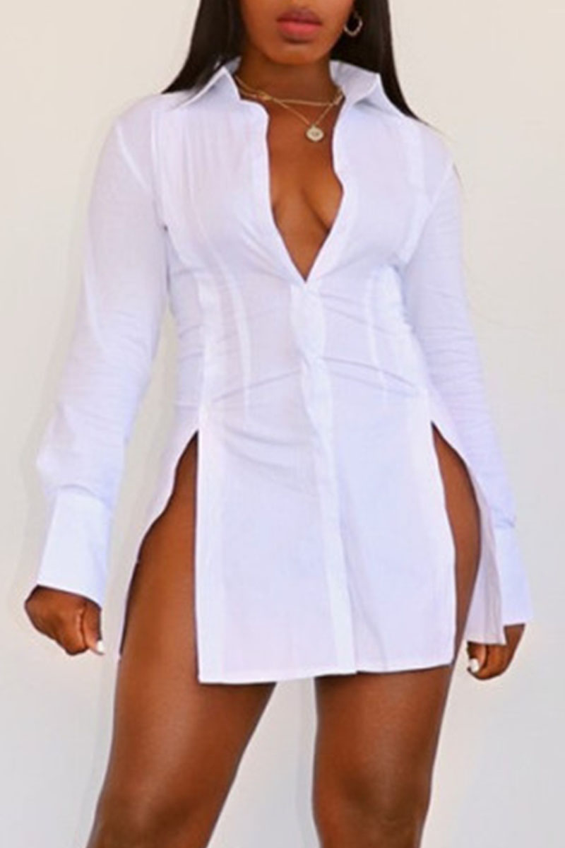 

White Sexy Solid Patchwork Buckle Slit Turndown Collar Tops