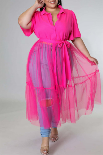 Rose Red Fashion Casual Plus Size Solid Split Joint See-through Turndown Collar Short Sleeve Dress