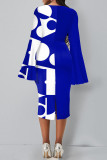 Robes de jupe en une étape à col rond en patchwork d'impression élégante décontractée bleue