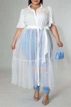 ホワイト ファッション カジュアル プラス サイズ 無地 パッチワーク シースルー ターンダウン カラー ショート スリーブ ドレス