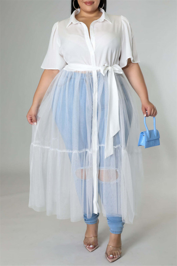 Witte mode casual plus size effen patchwork doorschijnende turndown kraag korte mouw jurk