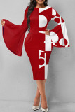 Rojo Casual Elegante Imprimir Patchwork O Cuello Un paso Falda Vestidos