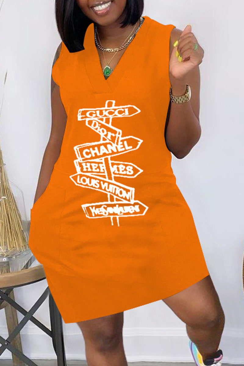 

Orange Fashion Casual Print Letter V Neck Dresses