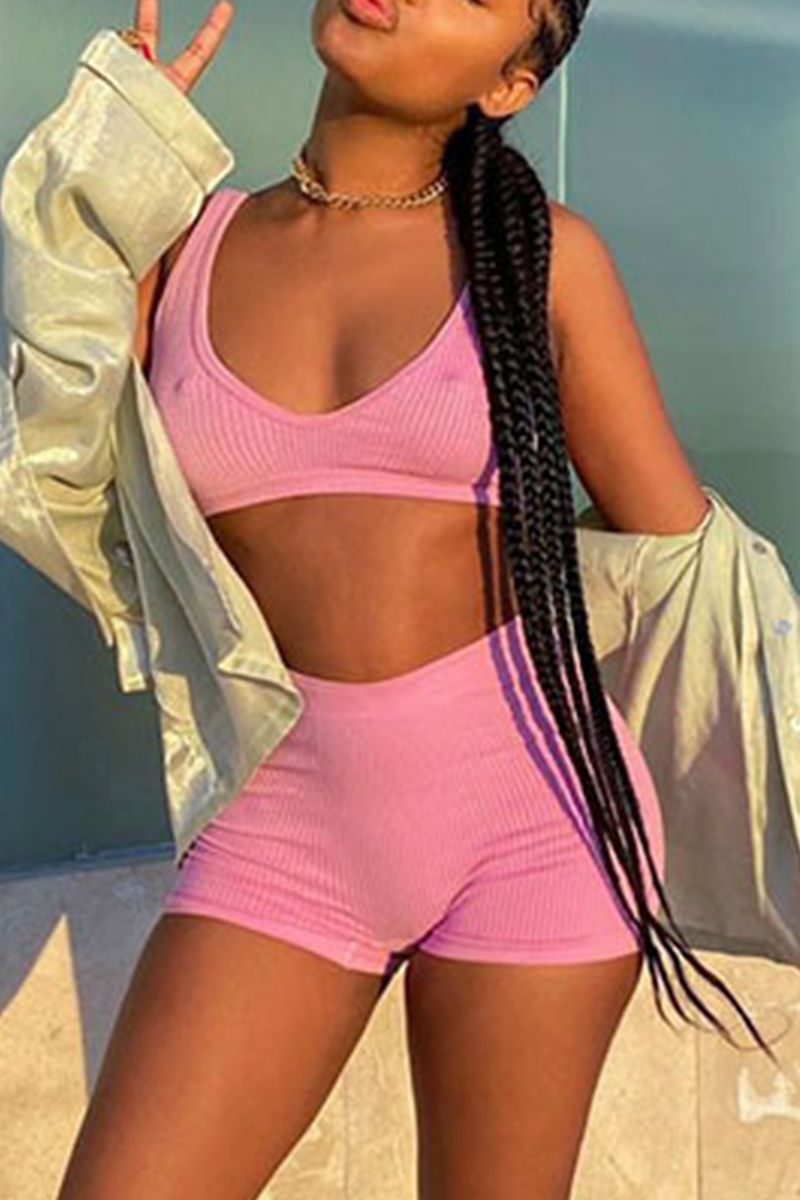 

Pink Sexy Casual Sportswear Solid Backless V Neck Sleeveless Two Pieces