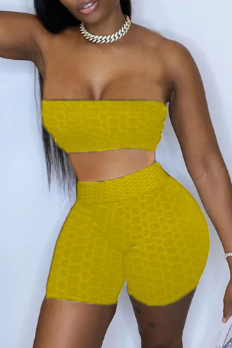 Yellow Sexy Solid Patchwork Strapless Sleeveless Two Pieces