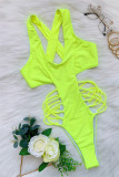 Fluorescent Yellow Fashion Sexy Solid Hollowed Out Backless Swimwears (Without Paddings)