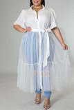 Vestido branco fashion casual plus size sólido patchwork transparente com gola aberta manga curta