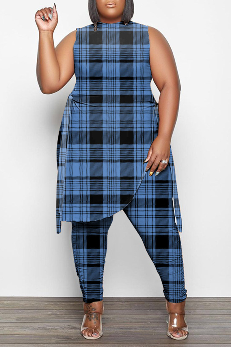 Blue Casual Plaid Split Joint O Neck Plus Size Two Pieces