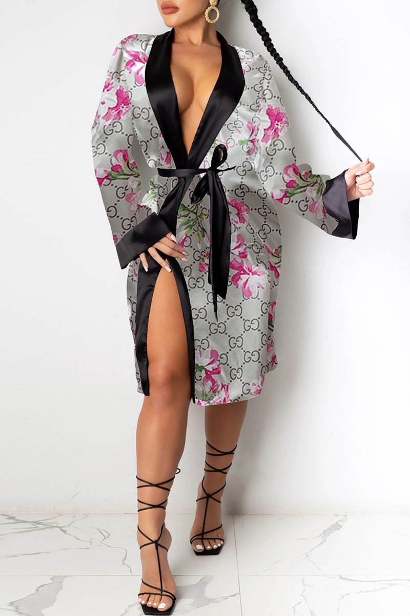 

Grey Fashion Sexy Print Patchwork With Belt Sleepwear