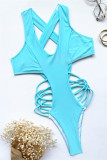 Blue Fashion Sexy Solid Hollowed Out Backless Swimwears (Without Paddings)