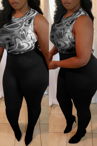 Black Fashion Sexy Print Basic O Neck Sleeveless Two Pieces