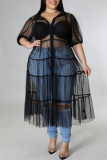Schwarzes, modisches, sexy Plus-Size-Fest-Patchwork-durchsichtiges Mesh-Kleid mit Umlegekragen