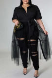 ブラック ファッション カジュアル プラス サイズ ソリッド パッチワーク シースルー ターンダウン カラー ショート スリーブ ドレス