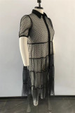 Robe en maille transparente à col rabattu, noire, Sexy, grande taille, couleur unie, Patchwork