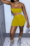 Yellow Sexy Solid Patchwork Strapless Sleeveless Two Pieces