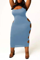 ライトブルーのセクシーなソリッドくり抜きパッチワークOネックワンステップスカートプラスサイズのドレス