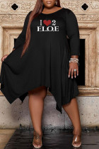 Zwarte mode casual print asymmetrische O-hals lange mouwen plus size jurken