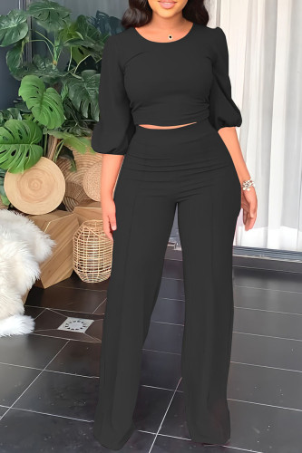 Black Casual Solid Patchwork O Neck Half Sleeve Two Pieces