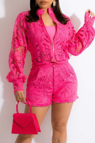 Rose Red Sexy Sweet Solid Hollowed Out Patchwork See-through Zipper Collar Long Sleeve Two Pieces