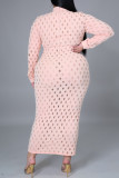 Roze sexy effen uitgeholde doorschijnende halve coltrui lange mouwen plus size jurken