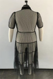 Zwarte mode sexy grote maat effen patchwork doorzichtige mesh-jurk met omslagkraag