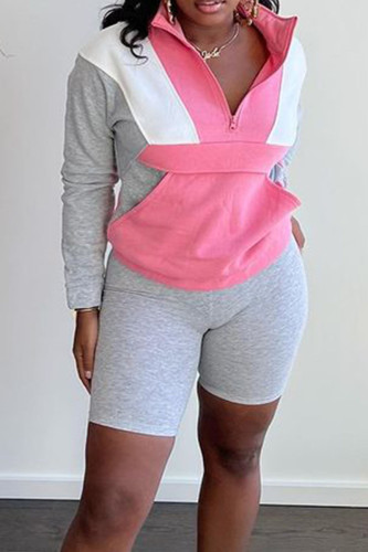 Grey Casual Sportswear Solid Patchwork Zipper Collar Long Sleeve Two Pieces