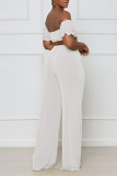 White Sexy Solid Patchwork Draw String Fold Off the Shoulder Short Sleeve Two Pieces