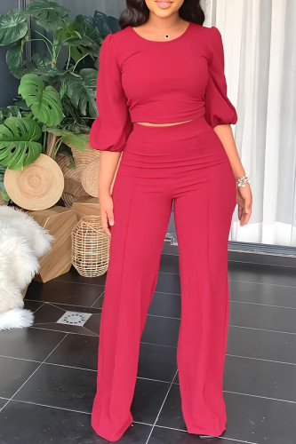 Red Casual Solid Patchwork O Neck Half Sleeve Two Pieces