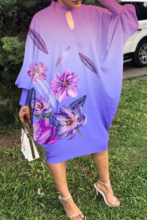 Пурпурно-синие модные повседневные платья с круглым вырезом и длинным рукавом с принтом