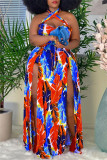 Blaue Mode Sexy Print Ausgehöhltes Rückenfreies Schlitz Neckholder Ärmelloses Kleid in Übergröße