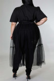 Robe à la mode décontractée grande taille patchwork solide col rabattu à manches courtes noir