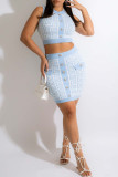 Sky Blue Sexy Print Patchwork Buttons O Neck Sleeveless Two Pieces