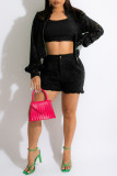 Black Sexy Sweet Solid Hollowed Out Patchwork See-through Zipper Collar Long Sleeve Two Pieces