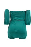 Green Casual Solid Patchwork Off the Shoulder Plus Size Two Pieces