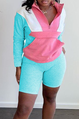 Sky Blue Casual Sportswear Solid Patchwork Zipper Collar Long Sleeve Two Pieces