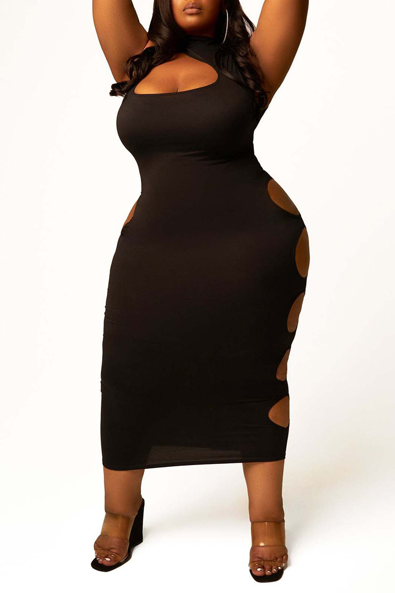 

Black Sexy Solid Hollowed Out Split Joint O Neck One Step Skirt Plus Size Dresses