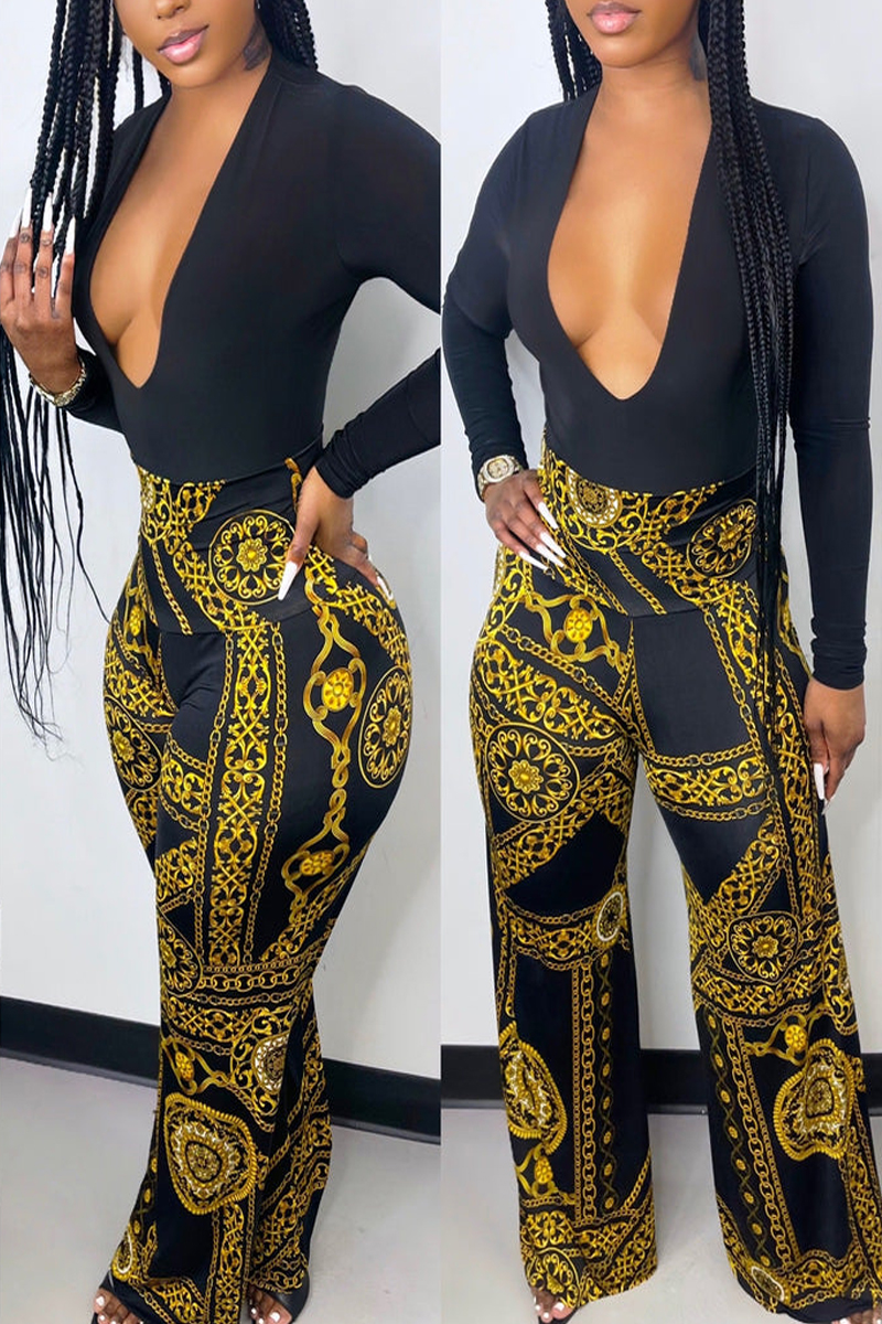 

Black Fashion Casual Print Chains Straight High Waist Type A Full Print Bottoms