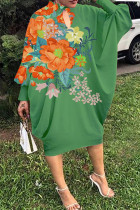 Grönt Mode Casual Print urholkat O-hals långärmade klänningar