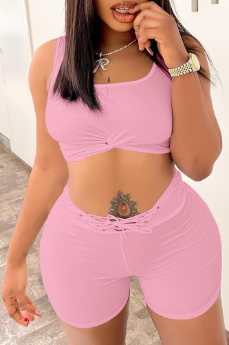 Pink Sexy Casual Solid Bandage Backless U Neck Sleeveless Two Pieces