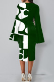 Green Casual Elegant Print Patchwork O Neck One Step Skirt Dresses