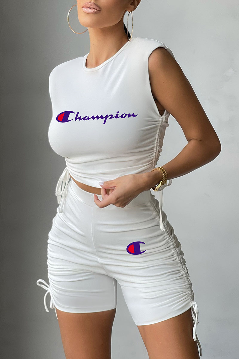 

White Fashion Sportswear Print Letter O Neck Sleeveless Two Pieces