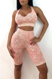 Розовый Повседневная спортивная одежда С принтом Открытая спина U-образный вырез Без рукавов Из двух частей