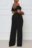 Black Sexy Solid Patchwork Draw String Fold Off the Shoulder Short Sleeve Two Pieces