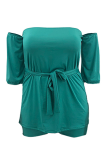 Green Casual Solid Patchwork Off the Shoulder Plus Size Two Pieces