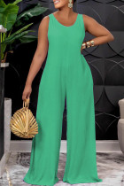 Green Casual Solid Patchwork Frenulum Backless O Neck Straight Jumpsuits