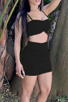 Black Sexy Solid Patchwork Fold Spaghetti Strap Sleeveless Two Pieces