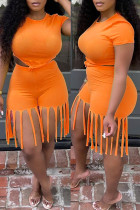 Оранжевый модный повседневный однотонный кисточкой с круглым вырезом с коротким рукавом из двух частей
