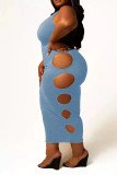Light Blue Sexy Solid Hollowed Out Patchwork O Neck One Step Skirt Plus Size Dresses