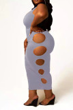 Grey Sexy Solid Hollowed Out Patchwork O Neck One Step Skirt Plus Size Dresses